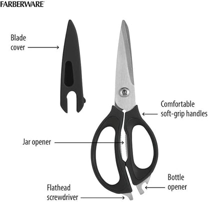 Farberware 4-in-1 Kitchen Scissors with Black Handle, High-Carbon Stainless Steel Shears with Bottle Opener, Jar Opener and Screwdriver, Kitchen Shears for Food Prep