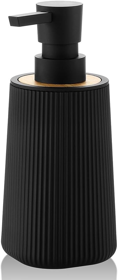 Small Soap Dispenser for Bathroom and Kitchen, Modern Farmhouse Striped Style Plastic Hand Soap Dish Soap Dispenser with Bamboo Decor Black by KellyHome