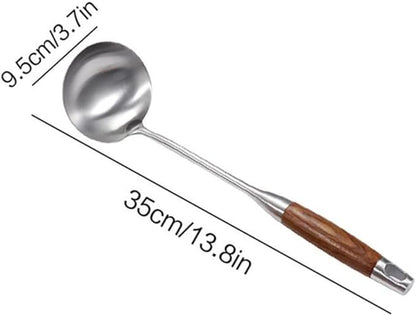 AOOSY Soup Ladle,304 Stainless Steel Cooking Ladle Spoon with Wooden Handle, 13.8 Inches Soup Spoon Long Kitchen Utensil Wok Tool for Cooking, Gravy, Sauces