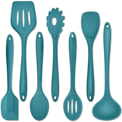 P&P CHEF Silicone Cooking Utensils Set of 7, Heat-proof Kitchen Utensils Set for Nonstick Cookware, Non-stick Spatula, Slotted Turner, Soup Ladle, Pasta Server, Spoon for Cooking Serving - Blue by PPCHEF