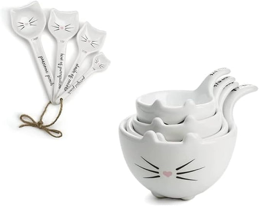 White Cat Measuring Cups & Spoons Gift Set – Ceramic Kitchen Tools for Cat Lovers & Bakers – 4 Measuring Cups and 4 Measuring Spoons – Unique Gift for Kitchen, Baking, and Cat Lovers by VOTUM
