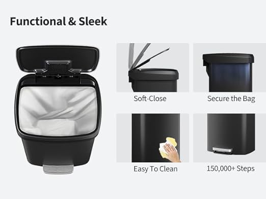 Garvee 13 gal / 50 L Plastic Trash Can with Lid, Large Garbage Can for Kitchen, Rustproof Step-on Kitchen Trash Bin with Liner Rim, Rear Handle, Soft Close Lid, Black - Image 7