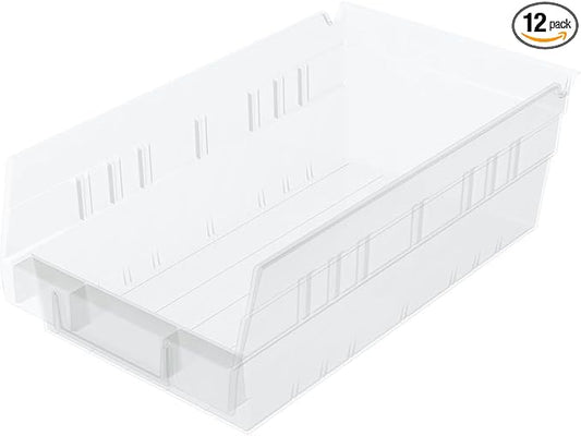 Akro-Mils 30130 Plastic Shelf Bins, Heavy Duty Storage Bins for Garage, Closet, and Drawer Organization, 12" x 6-1/2" x 4", Clear, 12-Pack by Akro-Mils