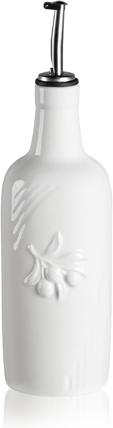 Sweejar Ceramic Olive Oil Dispenser Bottle, 17 FLOZ Oil Bottle with Spout，Porcelain Oil Dispenser for Kitchen,Cooking, Evoo, Vinegar, Soy Sauce, Pack of 1 (White) by Sweejarco1949