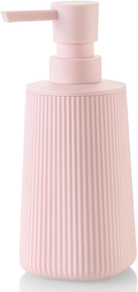 Small Soap Dispenser for Bathroom and Kitchen, Modern Farmhouse Striped Style Plastic Hand Soap Dish Soap Dispenser with Pump Matte Pink for Girls by KellyHome