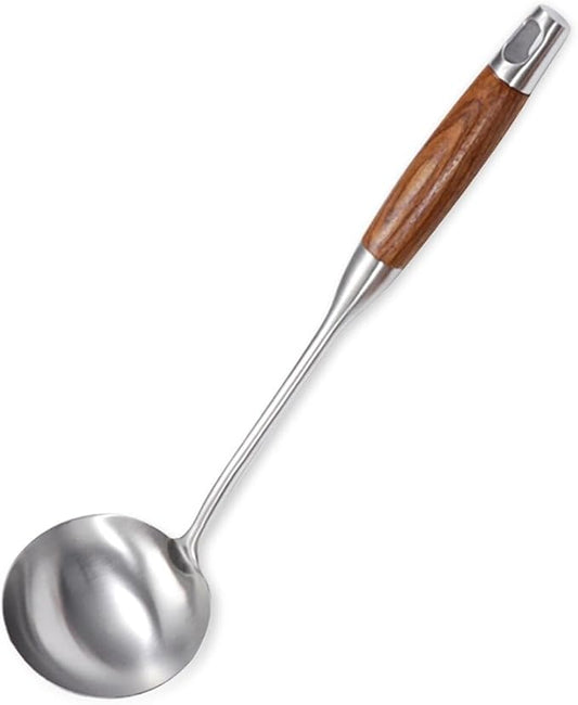 AOOSY Soup Ladle,304 Stainless Steel Cooking Ladle Spoon with Wooden Handle, 13.8 Inches Soup Spoon Long Kitchen Utensil Wok Tool for Cooking, Gravy, Sauces