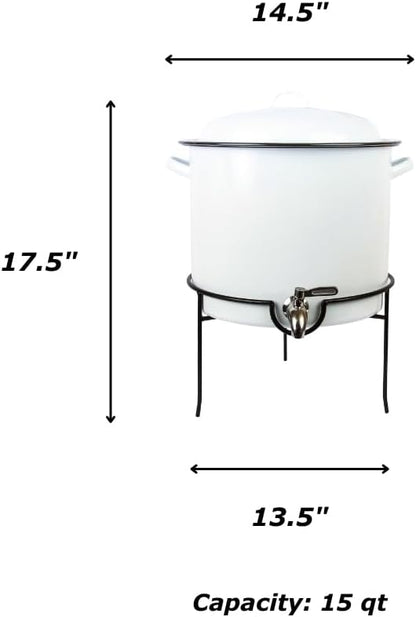 Enamelware Beverage Dispenser with Rack, 15 quart, Vintage White/Grey