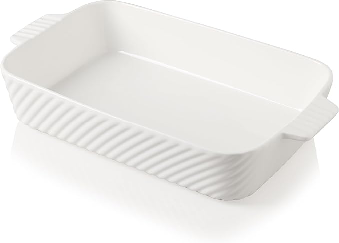 Sweejar Ceramic 13 x 9 Baking Pan, Cake Baking Dish for Brownie, Porcelain Striped Casserole Dishes for Oven with Handle for Lasagna, Family Dinner(White) by Sweejarco1949