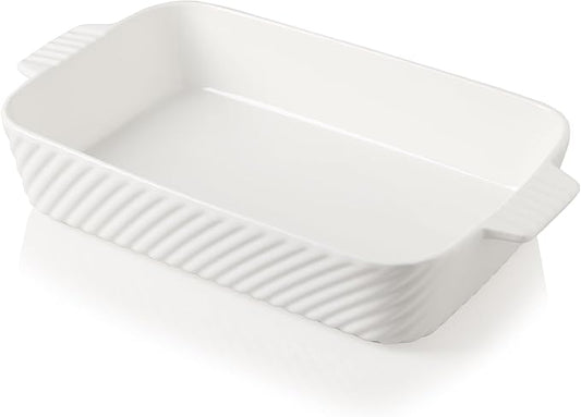 Sweejar Ceramic 13 x 9 Baking Pan, Cake Baking Dish for Brownie, Porcelain Striped Casserole Dishes for Oven with Handle for Lasagna, Family Dinner(White) by Sweejarco1949