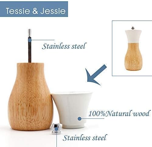 Tessie & Jessie Salt Grinder White Wooden Pepper Grinder Sea Salt And Pepper Grinders Set 5” And 6” Salt Mills of Oilcan Shaped (Oilcan, White)