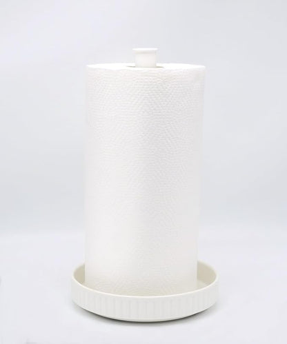 VROOMIUM Paper Towel Holder Countertop, Ceramic Base Easy-to-Clean, 1.5 lbs, 7" B x 12.5" H, Stable Elegant and Durable Kitchen Roll Stand, Chic White