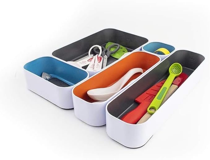 Three by Three Seattle 5 Piece Metal Organizer Tray Set for Storing Makeup, Stationery, Utensils, and More in Office Desk, Kitchen and Bathroom Drawers (2 Inch, Multicolor) - Image 3