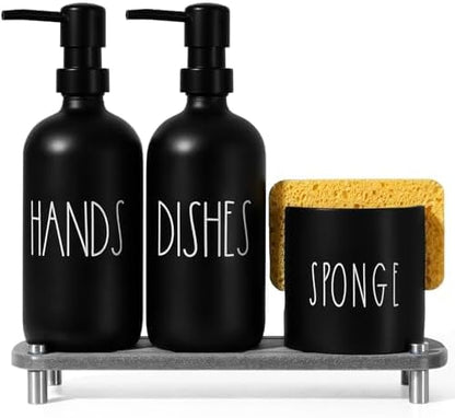 Kitchen Soap Dispenser Set, 16.9 fl oz Hand and Dish Soap Dispensers with Tray, Black Kitchen Soap Dispenser Set with Sponge Holder, Instant Dry Tray, Countertop Sink Organizer Accessories