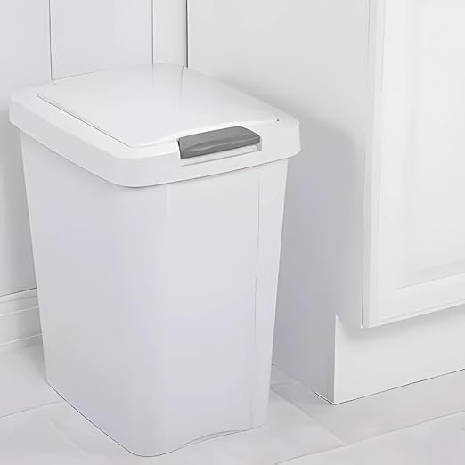7.5 Gallon White Wastebasket with Touch-Open Lid: Ideal Office Trash Can, Under Sink Trash Can, Or Garbage Can with Lid for Kitchen, Bathroom, Mudroom