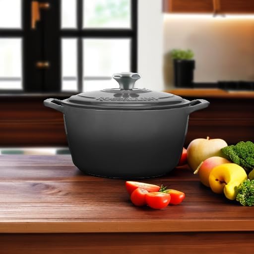 ROSSALLINI Signature Enameled Cast Iron Dutch Oven, Non-Stick Serving Pot with Tight Fitting Lid for Perfect Roasting, Baking, Sauteing, and Bread Making | 4.5Q (4.2L) - Oyster Grey