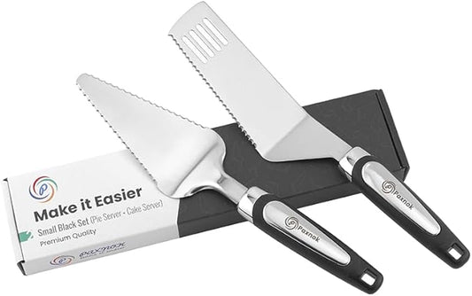 Pie Server Spatula and Cake Cutter Slicer, Stainless Steel Set - Kitchen Essentials for Cutting & Serving Desserts, Brownies, Lasagna (Black, 10 inches)