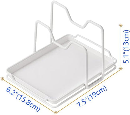 Poeland Pot Lid Holder, 2 Layers Pot Lids Organizer Multifunctional Lid and Spoon Rest Rack with Drip Tray for Lids, Spatulas, Spoons, Cutting Boards