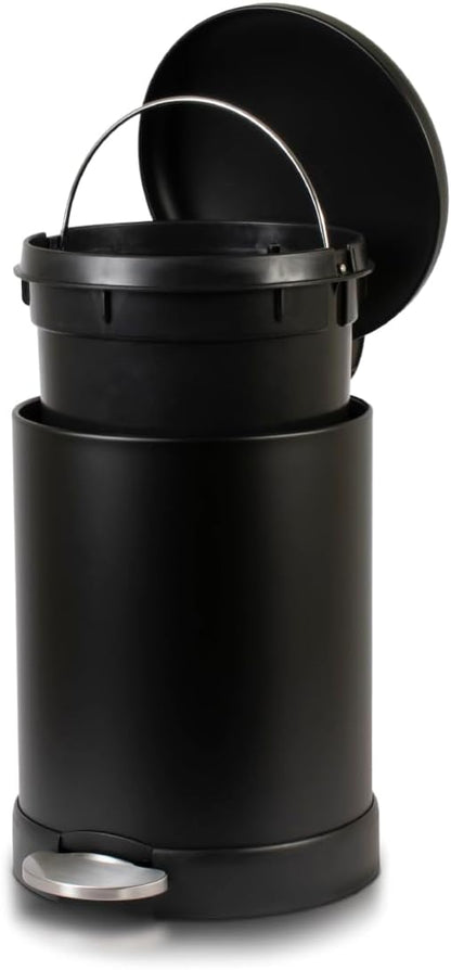 Glad Small Trash Can, 1.2 Gallon | Round Stainless Steel Garbage Bin with Soft Close Lid & Step Foot Pedal | Black Metal Waste Basket with Removable Inner Bucket, Matte Black