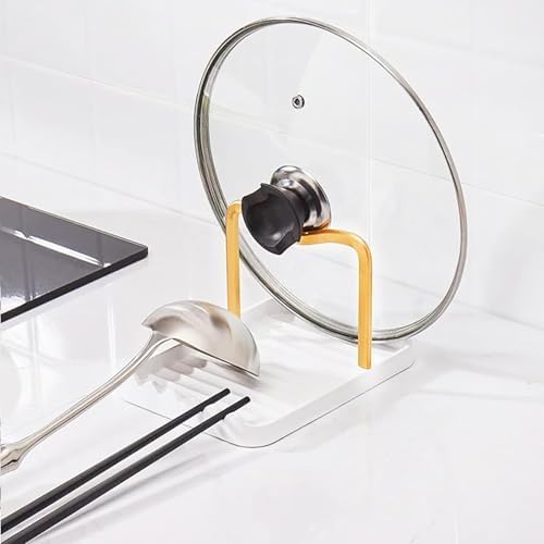 Spoon Rest with Lid Holder, Stainless Steel Lid Holder While Cooking & Organizer with Detachable Drain Tray, Anti-Rust Countertop Space Saver for Spoons, Spatulas (White Gold) - Image 2