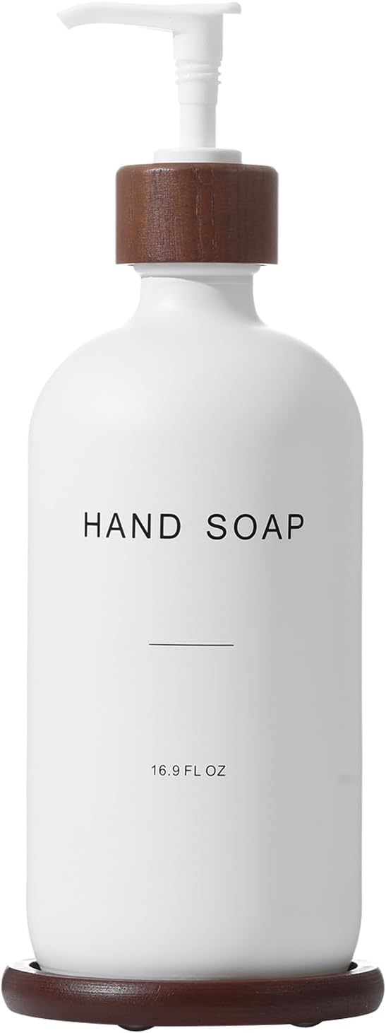 Glass Soap Dispenser, Refillable Hand Soap Dispenser with Tray, Suitable for Bathroom Soap Dispenser, Soap Dispenser for Kitchen Sink, Modern Home Decor. (White)