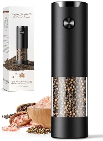 Electric Salt and Pepper Grinder Set Automatic Battery Pepper Mill Shakers Adjustable Coarseness Easy Filling Upgraded Larger Capacity with Led (1 Pack Black） by ioion