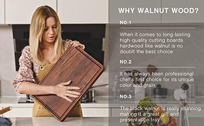 AZRHOM Walnut Wood Cutting Board, 18x12in Large Wooden Chopping Boards with Deep Juice Groove and Side Handle, Thick Butcher Block for Kitchen Meat Cheese Gift for Wife Mom(Gift Box)