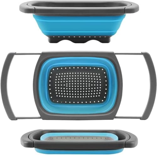 Collapsible Colander Strainer with Extendable Handles - Over the Sink Vegetable/Fruit Colanders Strainers for Kitchen, Capacity of 6 quart (Blue)