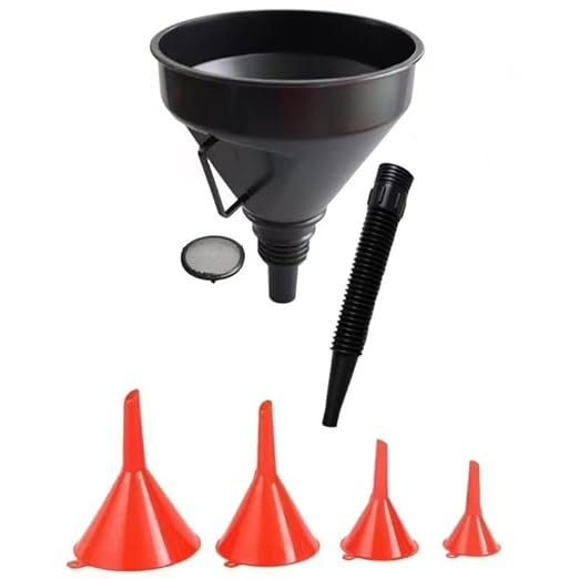 Plastic Oil Funnel Set, 5-Piece Automotive Funnels with Flexible Hose, Red and Black, for Cars, Boats, Gas Transfer