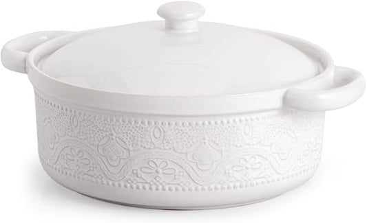 FUN ELEMENTS Casserole Dish, 2 Quart Lace Emboss Dish with Lid, Oven to Table Ceramic Round Serving Handles for Dinner and Party, Thanksgiving Christmas Gifts(Bright White) by IntoYourHouseOntoYourTable