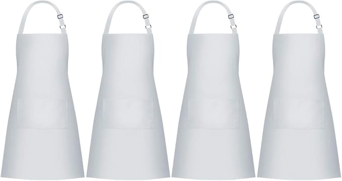 Jubatus 4 Pack Bib Aprons with 2 Pockets Cooking Chef Kitchen Apron for Women Men, White by Jubatus