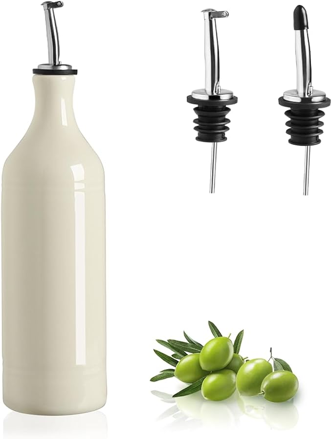 Sweejar Large Ceramic Olive Oil Dispenser Bottle, Opaque Oil Cruet Protects to Reduce Oxidation, Suitable for Storage Vinegar, Soy Sauce & Other Liquids, Pack of 1, 24 Fl Oz(Beige) by Sweejarco1949