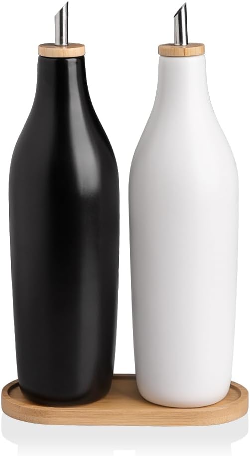 Sweejar Matte Ceramic Olive Oil Dispenser Bottles with Bamboo Tray,17 Oz Oil Dispenser Set for Kitchen Counter, Opaque Oil Cruet for Cooking, EVOO,Vinegar,Avocado Oil,Pack of 2 (Black White & Tary) by Sweejarco1949