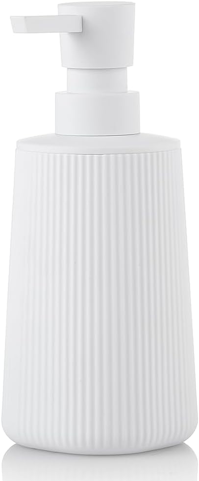 Small Soap Dispenser for Bathroom and Kitchen, Modern Farmhouse Striped Style Plastic Hand Soap Dish Soap Dispenser with Pump Matte White by KellyHome