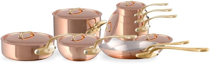 Mauviel M'Heritage 200 B 2mm Polished Copper & Stainless Steel 14-Piece Cookware Set With Brass Handles, Made In France