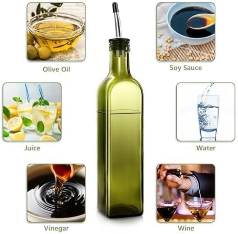 Leaflai Olive Oil Dispenser Bottle, 1 Pcs Green Glass Olive Oil Dispenser and Vinegar Dispenser Set with 2 Stainless Steel Pourers, 2Labels,1 Brush and 1 Funnel Oil Bottles for Kitchen, 17 oz(500ml) - Image 6