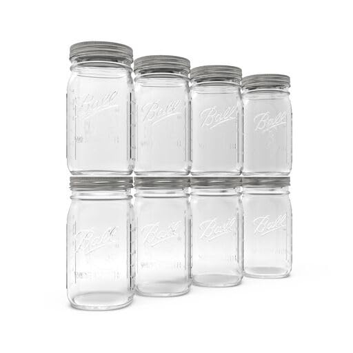 Ball Wide Mouth Glass Mason Jars with Lids and Bands, Used for Canning, Pickling, Juice, Jam, Jelly, Quart Size 32 Ounce (Pack of 8) by BallJar