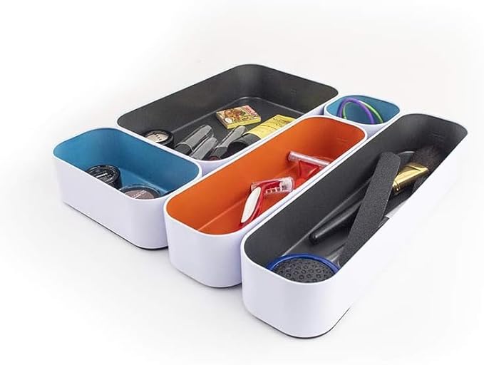 Three by Three Seattle 5 Piece Metal Organizer Tray Set for Storing Makeup, Stationery, Utensils, and More in Office Desk, Kitchen and Bathroom Drawers (2 Inch, Multicolor) - Image 4