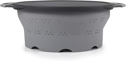 Dexas 10" Collapsible Silicone Colander in Cool Grey, Kitchen Strainer with Handles, 15.1 Cup Capacity | BPA-Free, Heat-Resistant, Space-Saving Kitchen Tool by Dexas