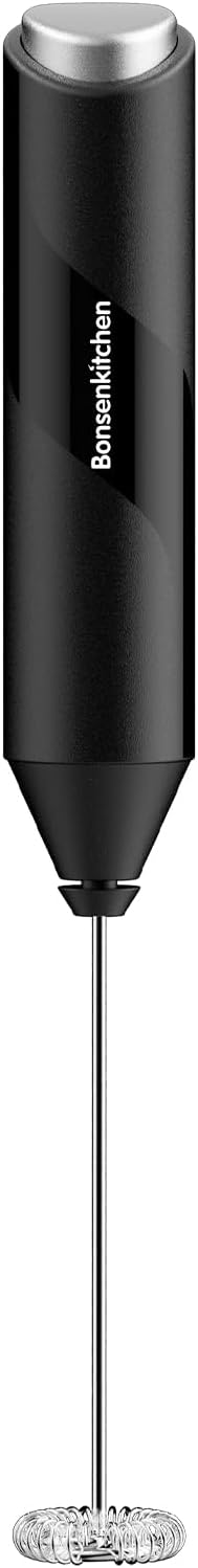 Bonsenkitchen Powerful Milk Frother for Coffee, Fast Handheld Drink Mixer with Stainless Steel Whisk, Battery Operated Hand Frother Stirrer Wand-Black by Bonsenkitchen