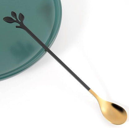 AnSaw 6-Piece Elegant Black & Gold Leaf Long Handle Teaspoons - 7.4" Stainless Steel Stir Spoons for Coffee & Tea, Perfect for Mixing & Stirring - Image 4