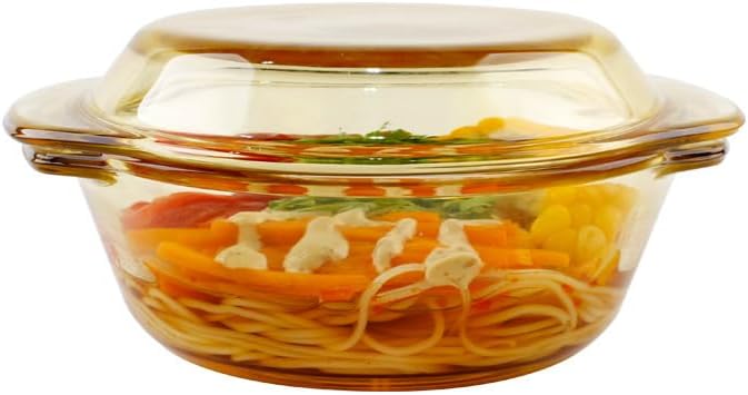 Amber Borosilicate Glass Casserole Dish with Lid - 1.0 Qt Round Baking Dish with Handles - Heat Resistant Cookware for Oven, Microwave, Dishwasher & Freezer