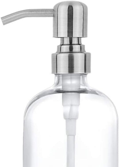 2 Pack Thick Clear Glass Pint Jar Soap Dispenser with Silver Stainless Steel Pump, 16ounce Clear Boston Round Bottles Dispenser with Rustproof Pump for Essential Oil, Lotion Soap