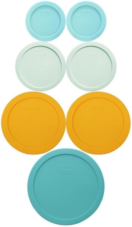 ​Pyrex (1) 7402-PC 6/7-Cup Sea Glass, (2) 7201-PC 4-Cup Lemondrop Yellow, (2) 7200-PC 2-Cup Sage Green, (2) 7202-PC 1-Cup Jade Dust Green Food Storage Replacement Lids ​- Made in USA by Pyrex