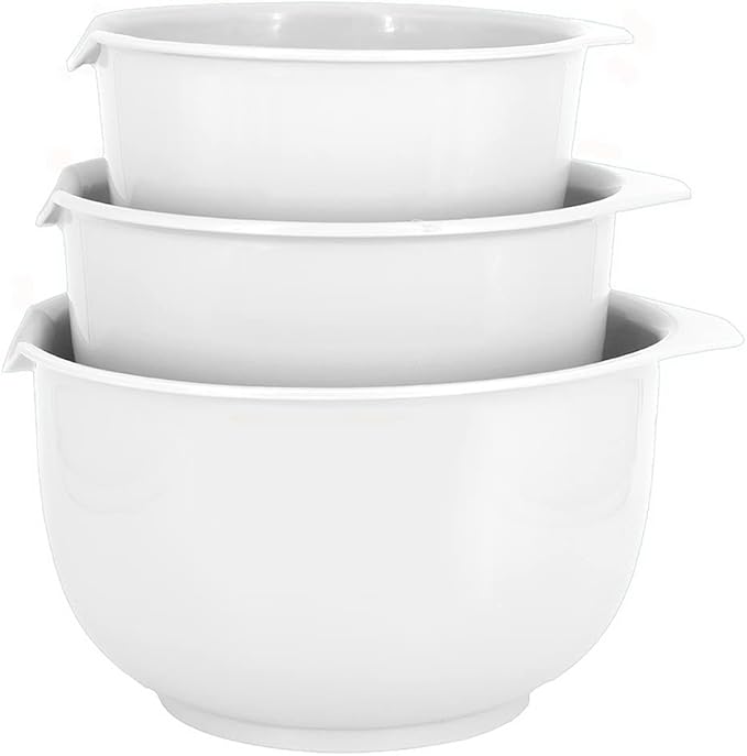 Glad Mixing Bowls with Pour Spout, Set of 3 | Nesting Design Saves Space | Non-Slip, BPA Free, Dishwasher Safe Plastic | Kitchen Cooking and Baking Supplies, White by GladTrashFoodStorage
