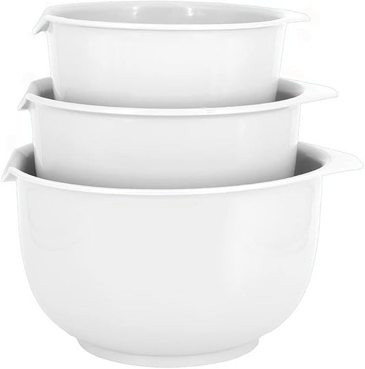 Glad Mixing Bowls with Pour Spout, Set of 3 | Nesting Design Saves Space | Non-Slip, BPA Free, Dishwasher Safe Plastic | Kitchen Cooking and Baking Supplies, White by GladTrashFoodStorage