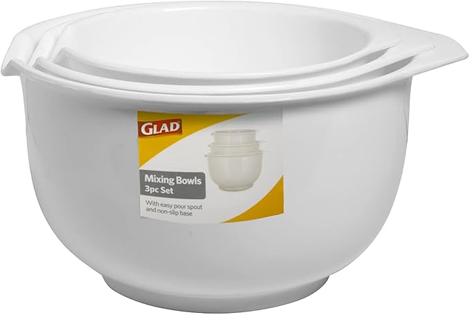 Glad Mixing Bowls with Pour Spout, Set of 3 | Nesting Design Saves Space | Non-Slip, BPA Free, Dishwasher Safe Plastic | Kitchen Cooking and Baking Supplies, White - Image 4
