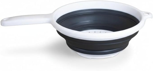 Handy Housewares 8" Round Space Saving Collapsible Silicone Kitchen Colander Food Strainer with Handle - White (1 Pack)