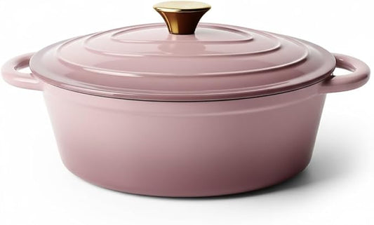 Vintage Style Oval Dutch Oven for Bread Baking, 4.5 Quart Non Stick Enameled Cast Iron Dutch Oven Pot with Lid, Oven Safe Oval Casserole with Lid up to 500°F for Baking, Braising, Stews, Roasting, Pink