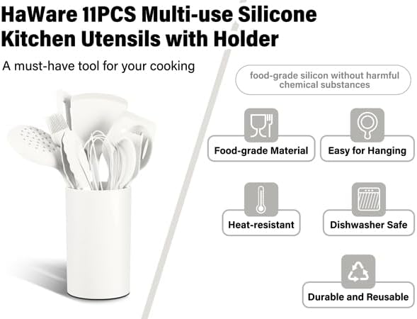 HaWare 11 PCS Silicone Cooking Utensils Set, Heat Resistant Kitchen Utensils with Holder, Food-grade Spatula Sets for Nonstick Cookware, Kitchen Tools Gadgets Include Fish Turner, Spoon (White) - Image 3