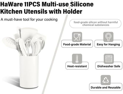 HaWare 11 PCS Silicone Cooking Utensils Set, Heat Resistant Kitchen Utensils with Holder, Food-grade Spatula Sets for Nonstick Cookware, Kitchen Tools Gadgets Include Fish Turner, Spoon (White) - Image 3